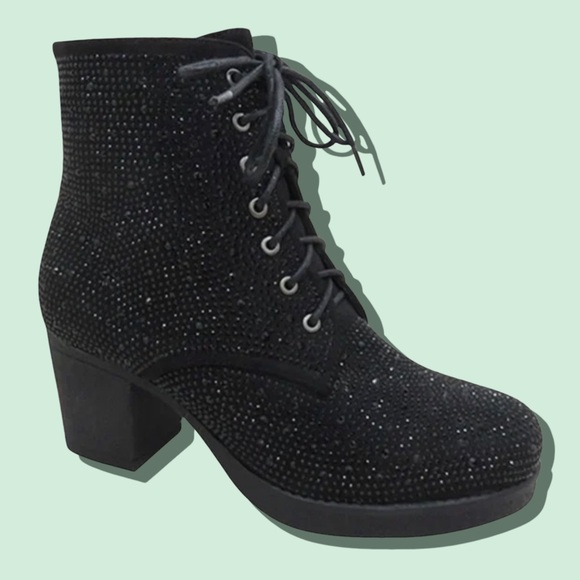 Italina Black Metallic Glitter Rhinestone Embellished Lace-up Combat Booties - Picture 3 of 7